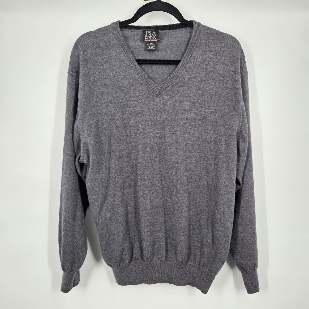 Jos. A. Bank Sweater Men XXL Gray V-Neck Long-Sleeve Merino Wool Classic Career